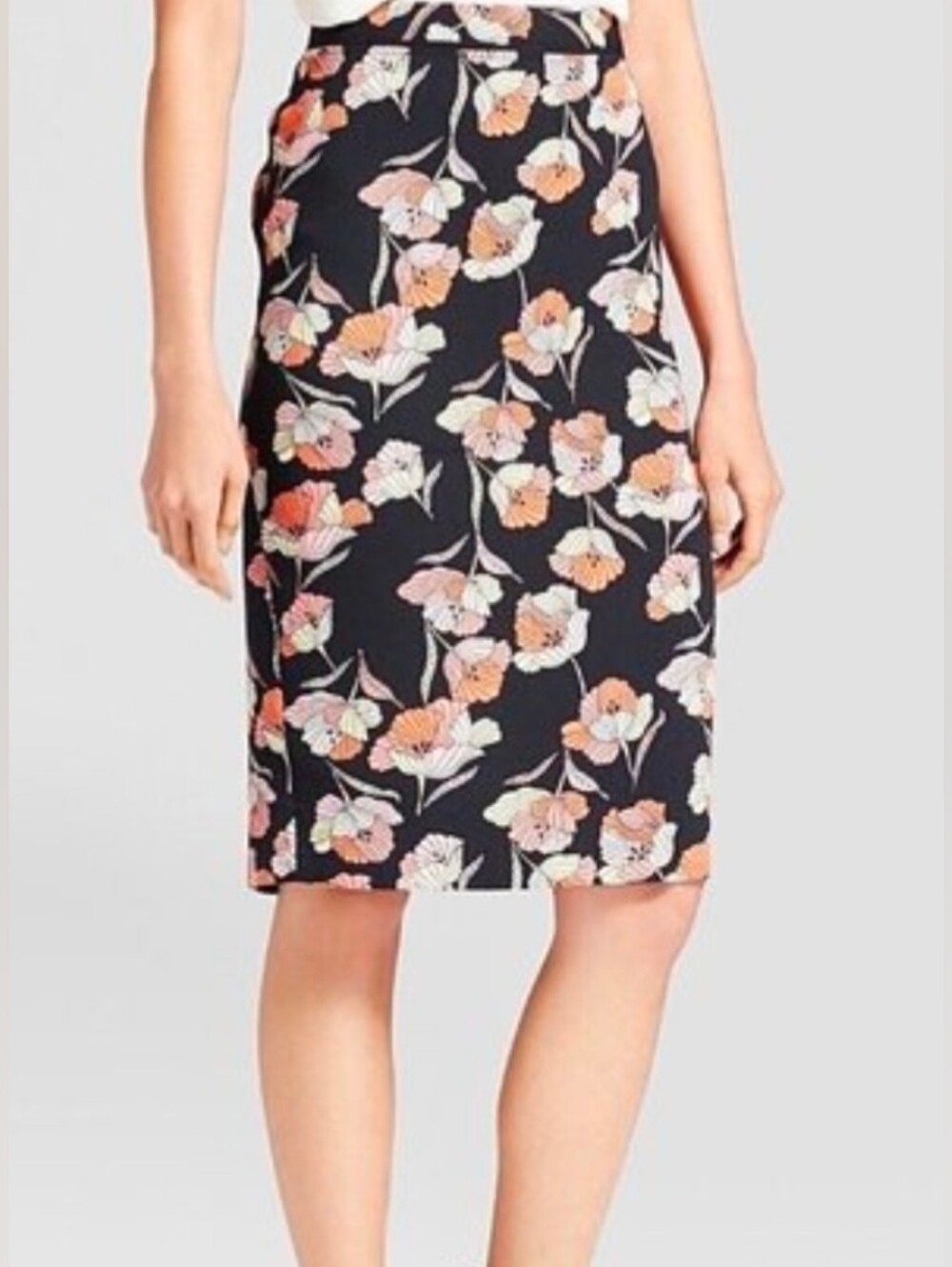 Who What Wear Black Pink Orange Floral Poppy Mallow Midi Skirt Sz 2 *NWT Cottage
